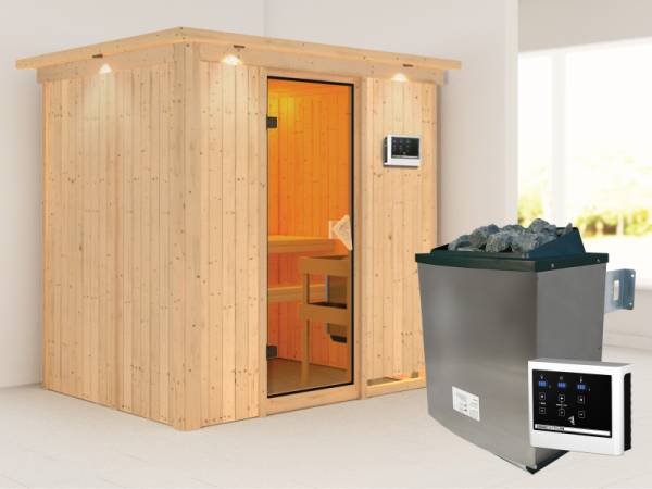 Karibu Sauna Bodin- klassische Saunatür- 4,5 kW Ofen ext. Strg- mit Dachkranz