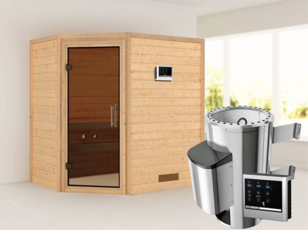 Cilja - Karibu Sauna Plug &amp; Play 3,6 kW Ofen, ext. Steuerung - ohne Dachkranz - Moderne Saunatür