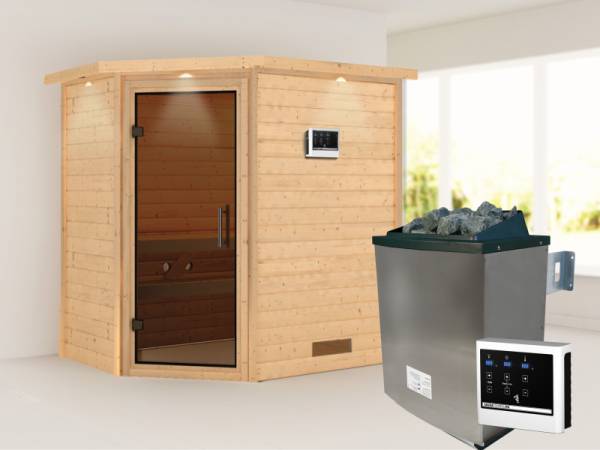 Karibu Sauna Svea - Moderne Saunatür - 4,5 kW Ofen ext. Strg. - mit Dachkranz