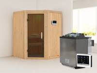 Karibu Sauna Larin- moderner Saunatür- 4,5 kW Bioofen ext. Strg- ohne Dachkranz