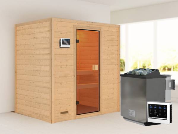 Karibu Sauna Selena inkl. 9 kW Bioofen ext. Steuerung mit klassischer Saunatür -ohne Dachkranz-