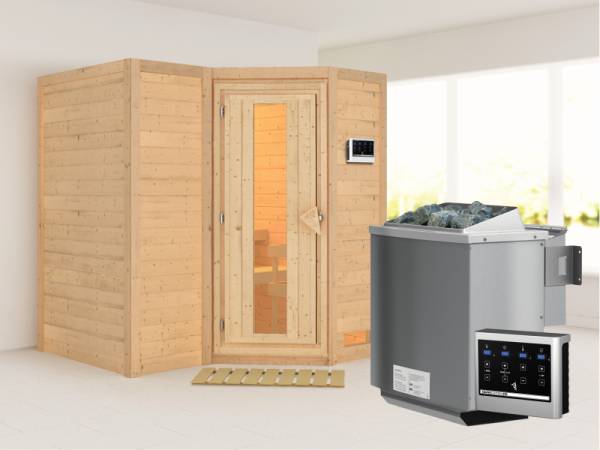 Karibu Sauna Sahib 1 inkl. 9-kW-Bioofen mit externer Steuerung, ohne Dachkranz, mit energiesparender Saunatür