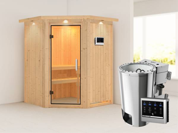 Nanja - Karibu Sauna Plug & Play 3,6 kW Bio Ofen, ext. Steuerung - mit Dachkranz - Klarglas Ganzglastür