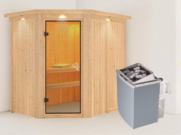 Carin - Karibu Sauna inkl. 9-kW-Ofen - mit Dachkranz - Carin - Karibu Sauna inkl. 9-kW-Ofen - mit Dachkranz -
