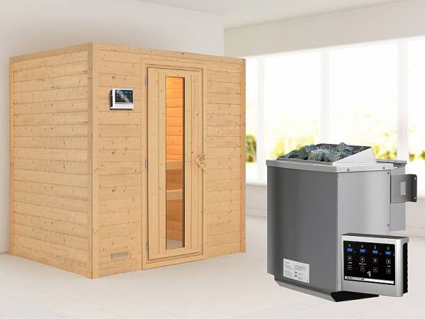 Karibu Sauna Sonja - energiesparende Saunatür - 4,5 kW BIO-Ofen ext. Strg. - ohne Dachkranz