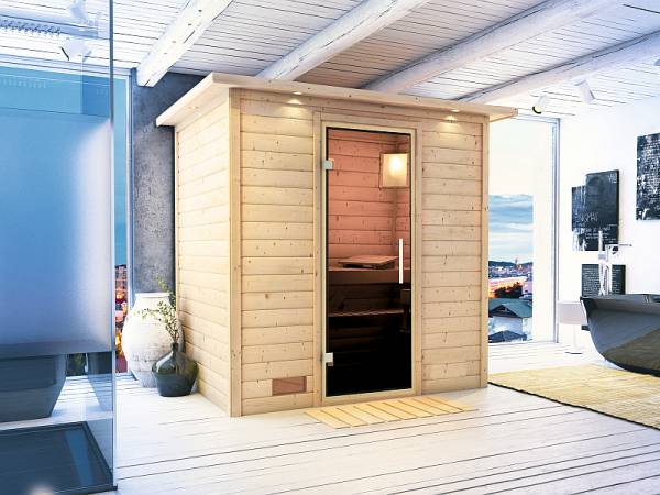 Karibu Woodfeeling Sauna Sonja - Moderne Saunatür - 4,5 kW Ofen integr. Strg. - mit Dachkranz