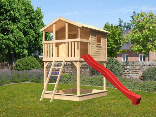 Akubi Stelzenhaus Benjamin naturbelassen + Rutsche rot + Sandkasten Akubi Stelzenhaus Benjamin naturbelassen + Rutsche rot + Sandkasten