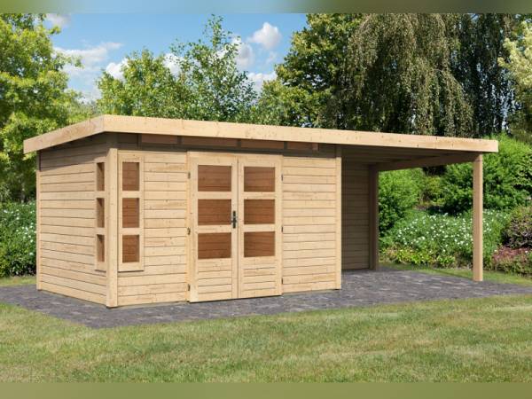 Karibu Gartenhaus Kastorf 7 - natur mit Anbaudach 3,2 m und 28 mm Rückwand