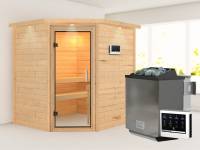 Karibu Sauna Mia inkl. 9 kW Bioofen ext. Steuerung, mit Klarglas Ganzglassaunatür -mit Dachkranz-