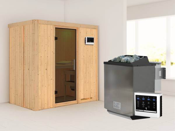 Karibu Sauna Variado- moderne Saunatür- 4,5 kW Bioofen ext. Strg- ohne Dachkranz