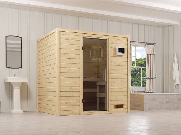 Karibu Woodfeeling Sauna Anja - Moderne Saunatür - 4,5 kW Ofen ext. Strg. - ohne Dachkranz