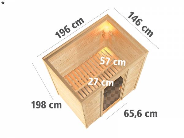 Karibu Woodfeeling Sauna Sonja - Klarglas Saunatür - 4,5 kW BIO-Ofen ext. Strg. - ohne Dachkranz