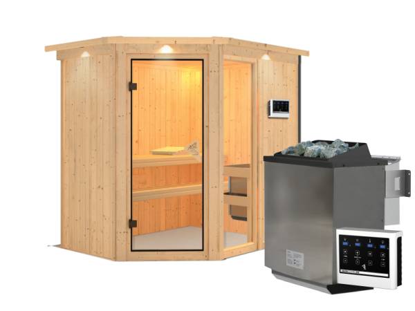 Fiona 1 - Karibu Sauna inkl. 9-kW-Bioofen - mit Dachkranz -