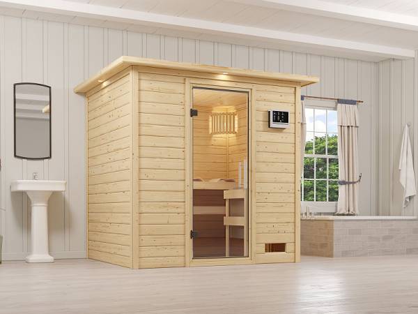 Karibu Woodfeeling Sauna Anja - Klarglas Saunatür - 4,5 kW Ofen ext. Strg. - mit Dachkranz