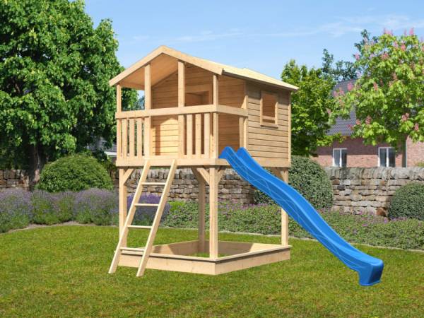 Akubi Stelzenhaus Benjamin terragrau + Rutsche blau + Sandkasten Akubi Stelzenhaus Benjamin terragrau + Rutsche blau + Sandkasten