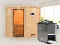 Karibu Sauna Svea inkl. 9 kW Bioofen ext. Steuerung mit klassischer Tür -mit Dachkranz-