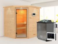 Karibu Sauna Mia inkl. 9 kW Bioofen ext. Steuerung, mit klassischer Saunatür -mit Dachkranz-