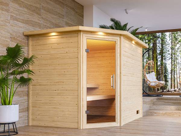 Karibu Sauna Lisa 38 mm mit Dachkranz- ohne Ofen- Klarglas Saunatür