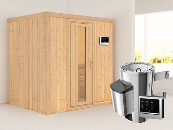 Fanja - Karibu Sauna Plug &amp; Play 3,6 kW Ofen, ext. Steuerung - ohne Dachkranz - Energiespartür