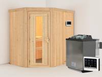 Karibu Sauna Carin inkl. 9 kW Bioofen ext. Steuerung, mit energiesparender Saunatür -ohne Dachkranz-