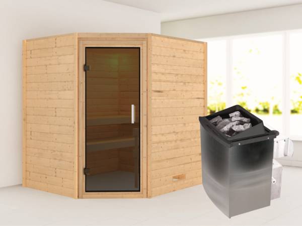 Karibu Sauna Mia- moderne Saunatür- 4,5 kW Ofen integr. Strg- ohne Dachkranz