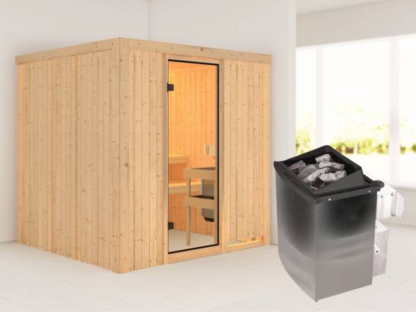 Karibu Sauna Tromsö - klassische Saunatür - 4,5 kW Ofen integr. Strg