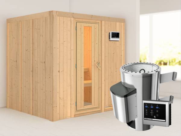 Daria - Karibu Sauna Plug &amp; Play 3,6 kW Ofen, ext. Steuerung - ohne Dachkranz - Energiespartür