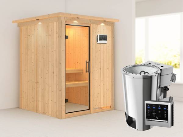 Minja - Karibu Sauna Plug & Play 3,6 kW Bio Ofen, ext. Steuerung - mit Dachkranz - Klarglas Ganzglastür