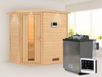 Karibu Sauna Svea inkl. 9 kW Bioofen ext. Steuerung mit energiesparender Tür -mit Dachkranz-