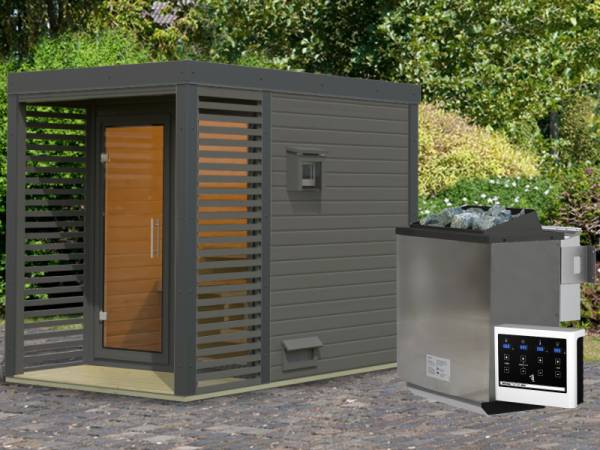 Karibu Hybrid Saunahaus Ares 1, terragrau/anthrazit -inkl. 9 kW Bioofen ext. Steuerung-