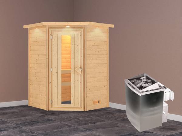 Karibu Woodfeeling Sauna Franka- energiesparende Saunatür- 4,5 kW Ofen integr. Strg- mit Dachkranz