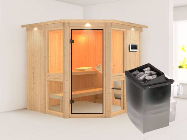 Amelia 2 - Karibu Sauna, inkl. 9 kW Ofen integr. Steuerung - mit Dachkranz - Amelia 2 - Karibu Sauna, inkl. 9 kW Ofen integr. Steuerung - mit Dachkranz -