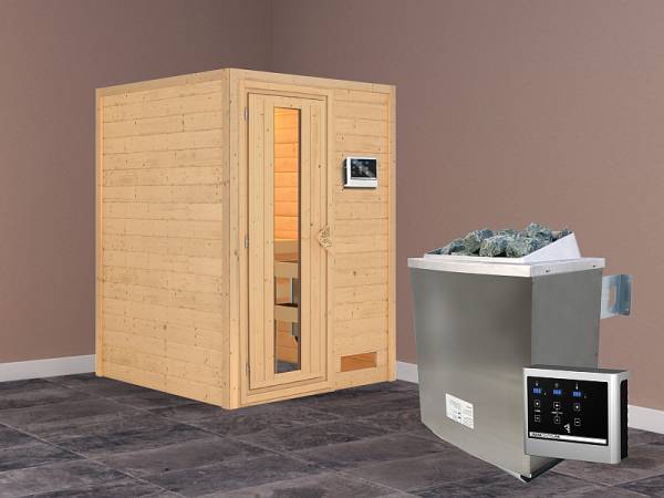 Karibu Woodfeeling Sauna Svenja- energiesparende Saunatür- 4,5 kW Ofen ext. Strg- ohne Dachkranz