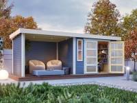 Karibu Gartenhaus Mühlendorf 4 terragrau 19 mm mit Anbaudach 2,20 m, Seiten- und Rückwand
