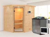 Karibu Sauna Mia- Klarglas Saunatür- 4,5 kW Bioofen ext. Strg- mit Dachkranz