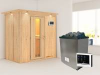 Karibu Sauna Variado- energiesparende Saunatür- 4,5 kW Ofen ext. Strg- mit Dachkranz