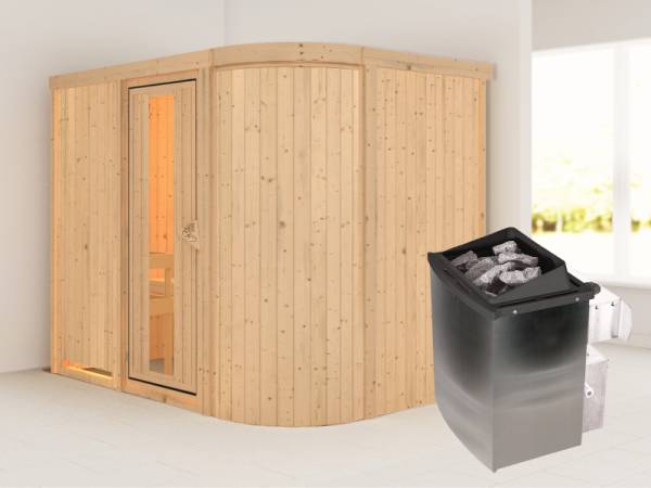 Karibu Sauna Titania 4 inkl. 9 kW Ofen mit int. Steuerung, ohne Dachkranz, mit Energiespartür