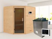Karibu Sauna Mia inkl. 9 kW Ofen ext. Steuerung, mit moderner Saunatür -ohne Dachkranz-