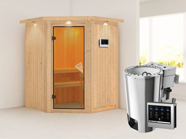 Nanja - Karibu Sauna Plug &amp; Play inkl. 3,6 kW-Bioofen - mit Dachkranz -