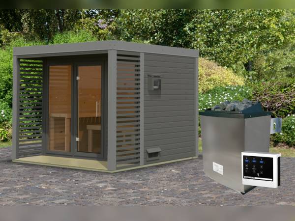 Karibu Hybrid Saunahaus Ares 3, terragrau/staubgrau -inkl. 9 kW Ofen ext. Steuerung-