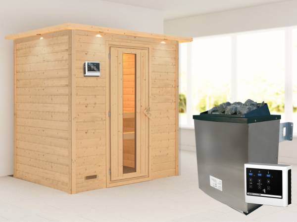 Karibu Sauna Sonja inkl. 9 kW Ofen ext. Steuerung mit energiesparender Saunatür mit -Dachkranz-