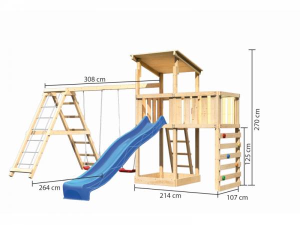 Akubi Spielturm Anna + Rutsche blau + Doppelschaukelanbau Klettergerüst + Anbauplattform + Kletterwand