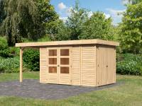 Karibu Woodfeeling Gartenhaus Retola 3 natur mit Anbauschrank und 1,50 Meter Anbaudach