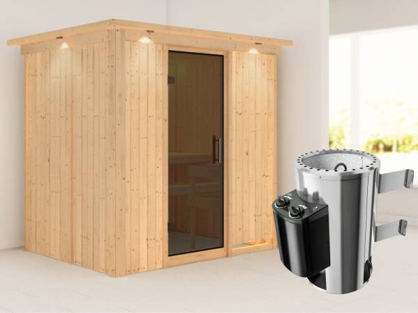 Fanja - Karibu Sauna Plug &amp; Play 3,6 kW Ofen, int. Steuerung - mit Dachkranz - Moderne Saunatür