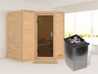Karibu Sauna Sahib 1 inkl. 9 kW Ofen integr. Steuerung, mit moderner Saunatür -ohne Dachkranz-