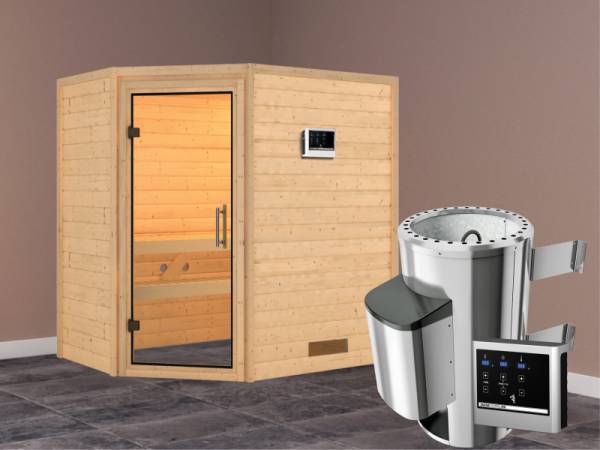 Cilja - Karibu Sauna Plug &amp; Play 3,6 kW Ofen, ext. Steuerung - ohne Dachkranz - Klarglas Ganzglastür