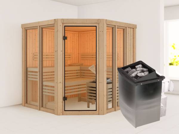 Karibu Sauna Airi, inkl. 9 kW Ofen integr. Steuerung - ohne Dachkranz - Karibu Sauna Airi, inkl. 9 kW Ofen integr. Steuerung - ohne Dachkranz -