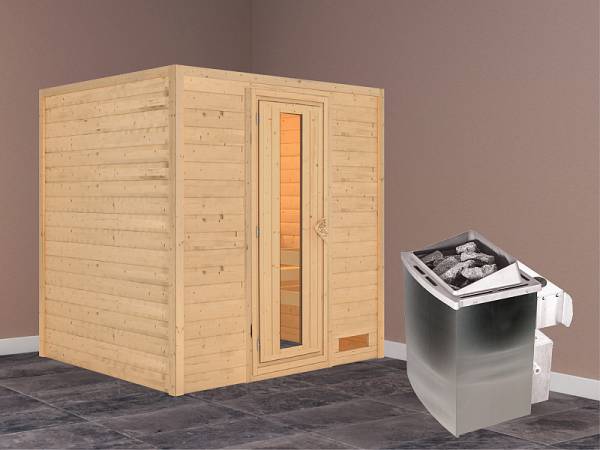 Karibu Woodfeeling Sauna Anja - energiesparende Saunatür - 4,5 kW Ofen integr. Strg. - ohne Dachkranz