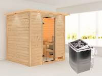 Karibu Woodfeeling Sauna Anja - Klarglas Saunatür - 4,5 kW Ofen integr. Strg. - mit Dachkranz