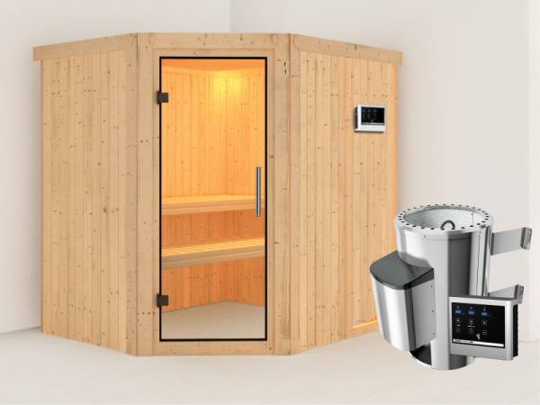 Lilja - Karibu Sauna Plug & Play 3,6 kW Ofen, ext. Steuerung - ohne Dachkranz - Klarglas Ganzglastür
